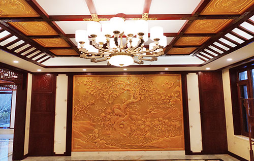 乳源中式别墅客厅中式木作横梁吊顶装饰展示